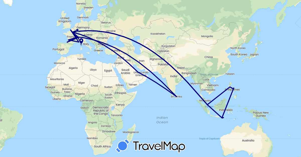 TravelMap itinerary: driving in France, Indonesia, Sri Lanka, Luxembourg, Philippines, Qatar, Singapore (Asia, Europe)