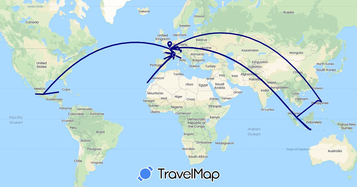 TravelMap itinerary: driving in Austria, Switzerland, Germany, Spain, France, Indonesia, Italy, Mexico, Philippines, Singapore (Asia, Europe, North America)